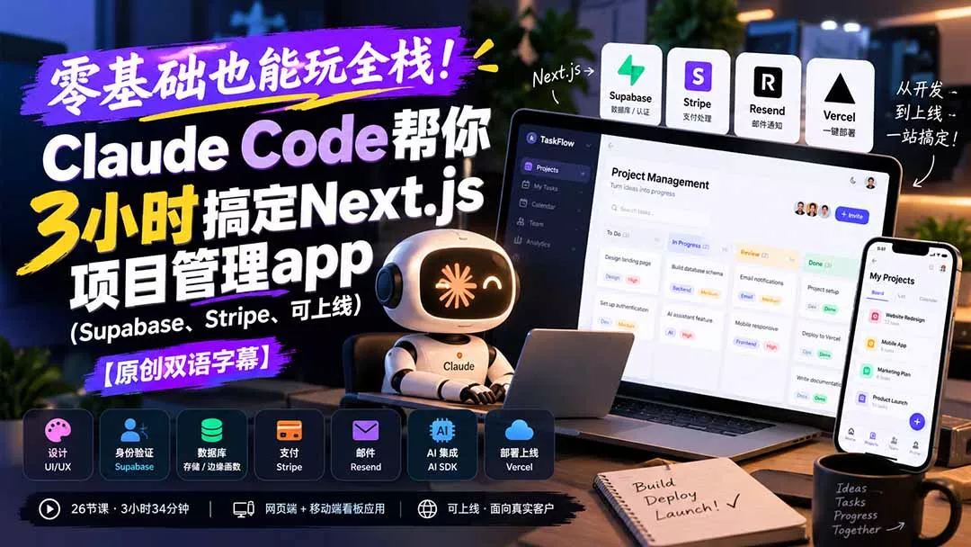 零基础也能玩全栈！Claude Code帮你3小时搞定Next.js项目管理app(Supabase、Stripe、可上线