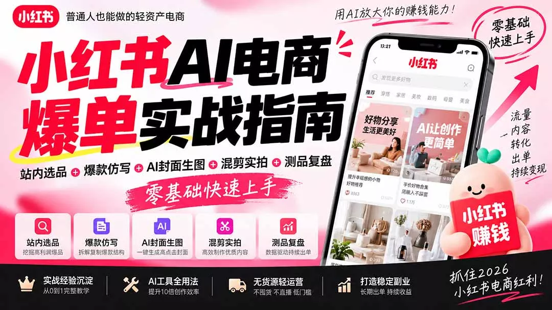 2026小红书AI电商爆单实战指南：站内选品+爆款仿写+AI封面生图+混剪实拍+测品复盘，零基础快速上手-九九网创