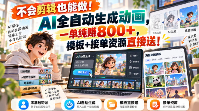 不会剪辑也能做！AI全自动生成动画，一单纯賺800+，模板+接单资源直接送！【揭秘】-九九网创