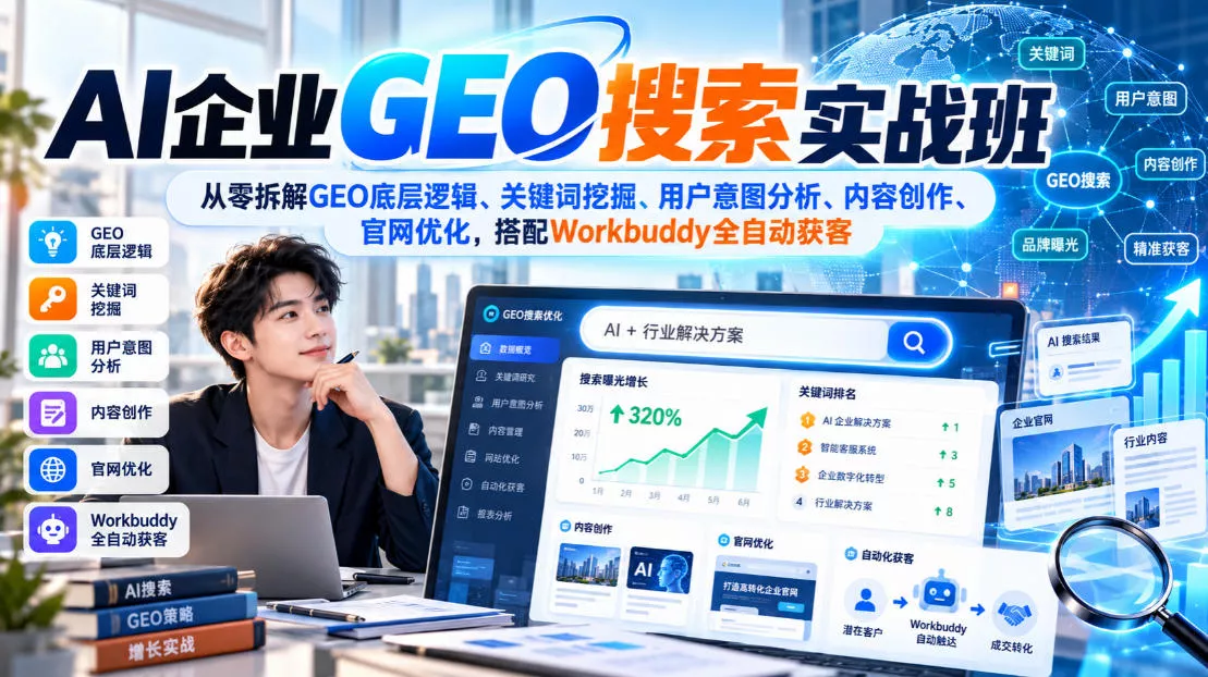 AI企业GEO搜索实战班，从零拆解GEO底层逻辑、关键词挖掘、用户意图分析、内容创作、官网优化，搭配Workbuddy全自动获客-九九网创