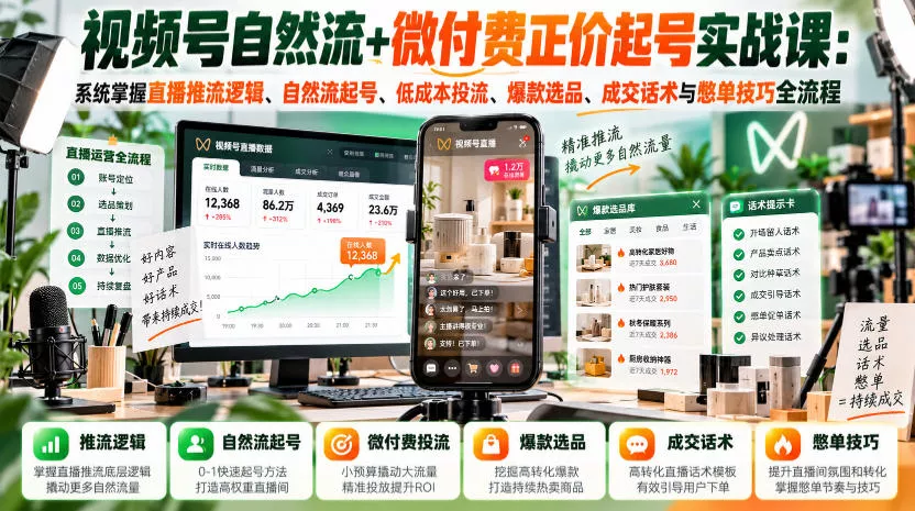 视频号自然流+微付费正价起号实战课：系统掌握直播推流逻辑、自然流起号、低成本投流、爆款选品、成交话术与憋单技巧全流程-九九网创