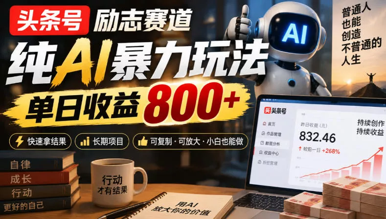 头条号励志赛道，纯AI暴力玩法，单日收益800+，快速拿结果，长期项目-九九网创