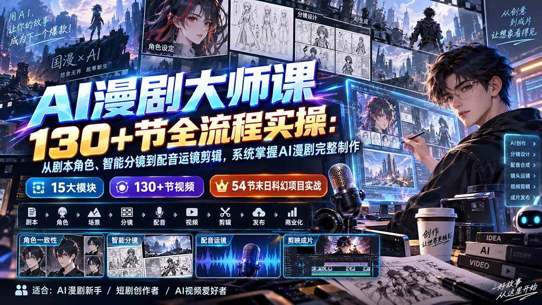 （20326期）AI漫剧大师课130+节全流程实操：从剧本角色、智能分镜到配音运镜剪辑，系统掌握AI漫剧完整制作-九九网创