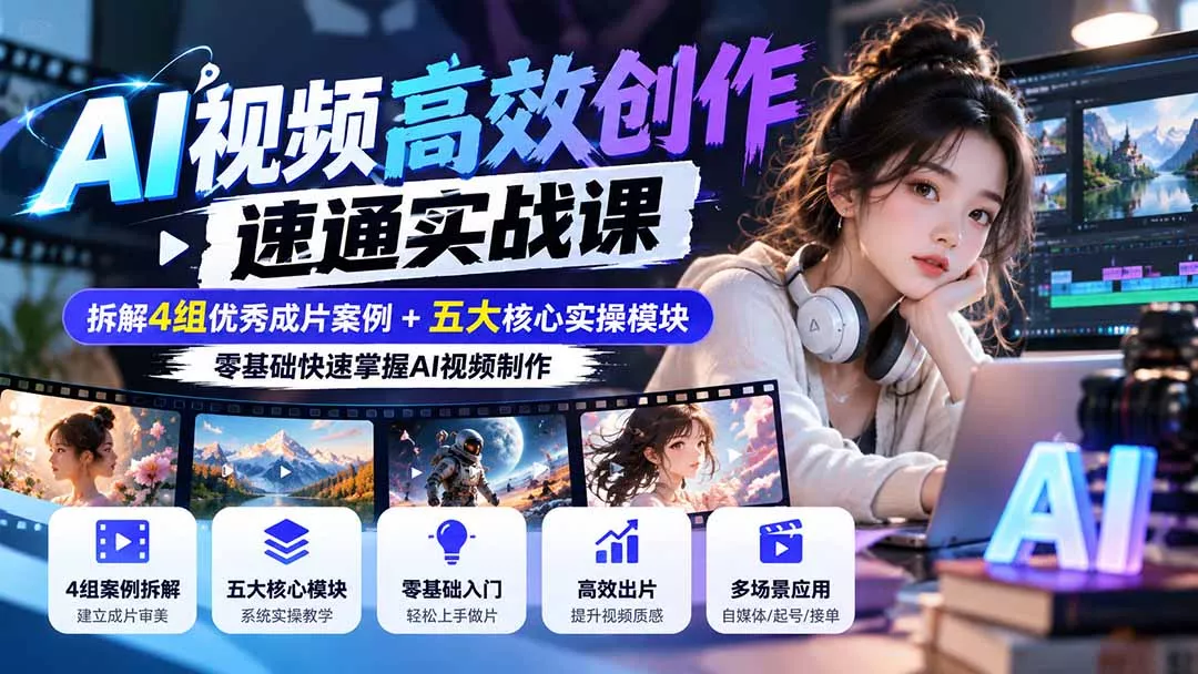 【无水印】AI视频高效创作速通实战课:拆解4组优秀成片案例+五大核心实操模块,零基础快速掌握AI视频制作-九九网创