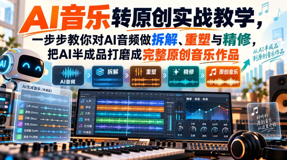 AI音乐转原创实战教学，一步步教你对AI音频做拆解、重塑与精修，把AI半成品打磨成完整原创音乐作品-九九网创