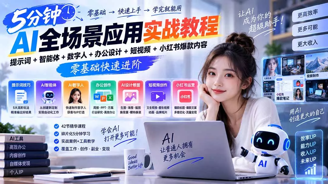 AI全场景应用实战教程｜提示词+智能体+数字人+办公设计+短视频+小红书爆款内容，零基础快速进阶-九九网创