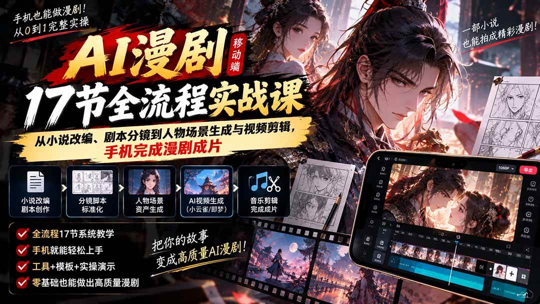 （20624期）AI漫剧移动端17节全流程实战课：从小说改编、剧本分镜到人物场景生成与视频剪辑，手机完成漫剧成片-九九网创