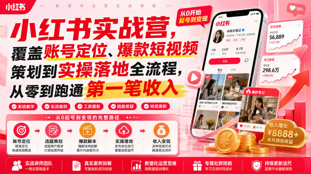 小红书实战营，覆盖账号定位、爆款短视频策划到实操落地全流程，从零到跑通第一笔收入-九九网创