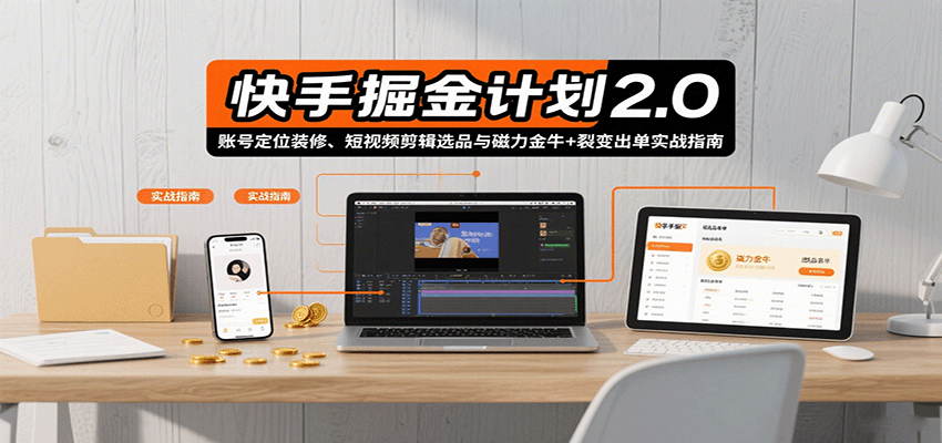 快手掘金计划2.0，账号定位装修、短视频剪辑选品与磁力金牛+裂变出单实战指南-九九网创