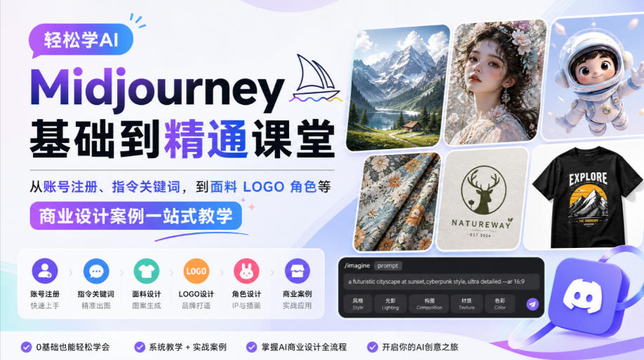 轻松学AI Midjourney基础到精通课堂,从账号注册、指令关键词,到面料LOGO角色等商业设计案例一站式教学-九九网创
