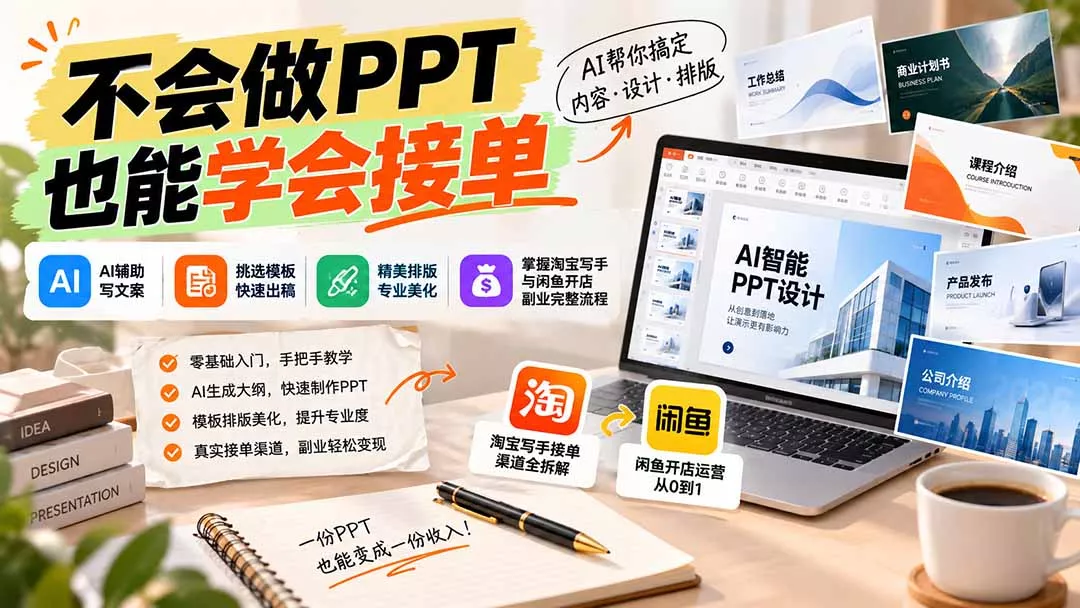 不会做PPT也能学会接单：AI辅助写文案、挑模板、做排版，掌握淘宝写手与闲鱼开店副业完整流程