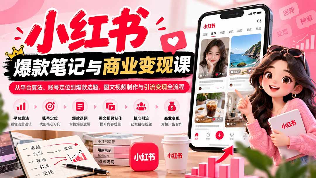 （20709期）2026小红书爆款笔记与商业变现课：从平台算法、账号定位到爆款选题、图文视频制作与引流变现全流程-九九网创