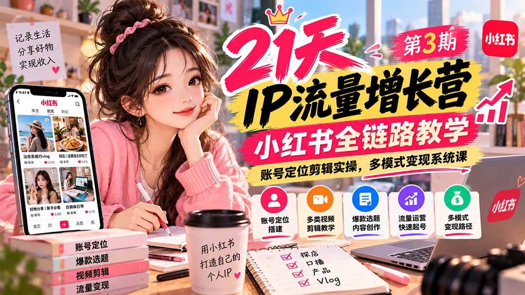 （20992期）【无水印】21天IP流量增长营-第3期，小红书全链路教学，账号定位剪辑实操，多模式变现系统课-九九网创