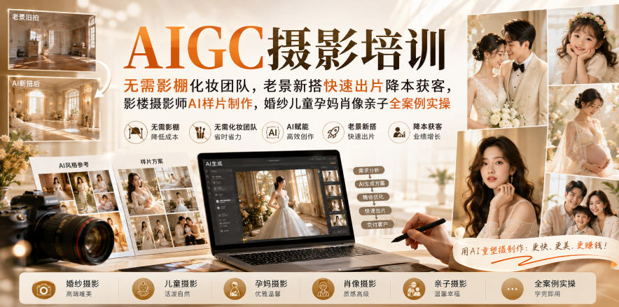 AIGC摄影培训｜无需影棚化妆团队，老景新搭快速出片降本获客，影楼摄影师AI样片制作，婚纱儿童孕妈肖像亲子全案例实操-九九网创