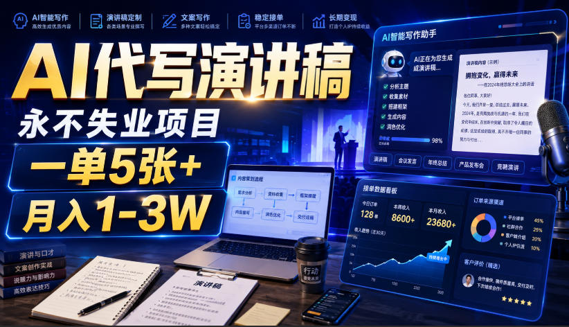 AI代写演讲稿，永不失业项目，一单5张+，月入1-3W【揭秘】-九九网创
