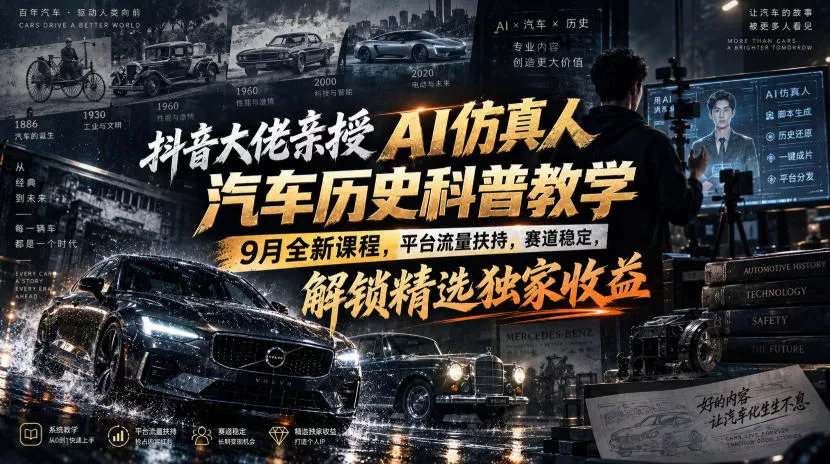 抖音大佬亲授AI仿真人汽车历史科普教学，9月全新课程，平台流量扶持，赛道稳定，解锁精选独家收益-九九网创