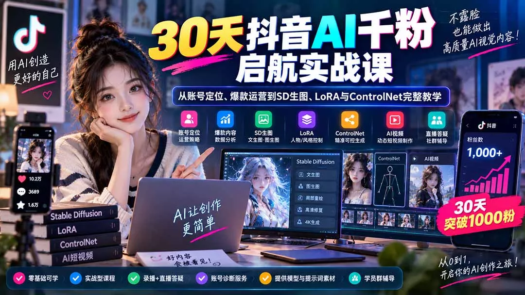 30天抖音AI千粉启航实战课：从账号定位、爆款运营到SD生图、LoRA与ControlNet完整教学-九九网创