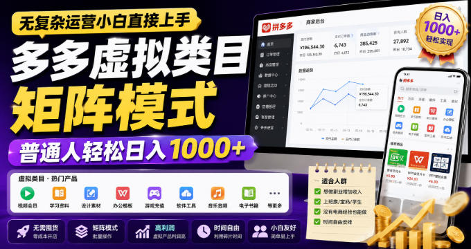 无复杂运营小白直接上手，多多虚拟类目矩阵模式，普通人轻松日入1000+【揭秘】-九九网创
