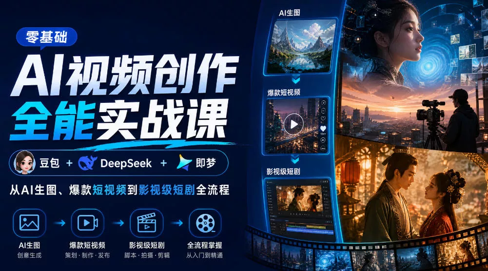 零基础AI视频创作全能实战课｜豆包+DeepSeek+即梦，从AI生图、爆款短视频到影视级短剧全流程-九九网创
