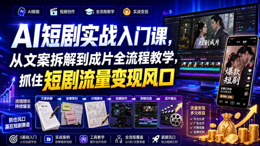 AI短剧实战入门课，从文案拆解到成片全流程教学，抓住短剧流量变现风口-九九网创