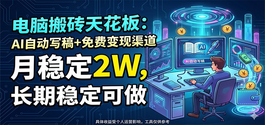 电脑搬砖天花板:AI自动写稿+免费变现渠道,月稳定2W,长期稳定可做-九九网创