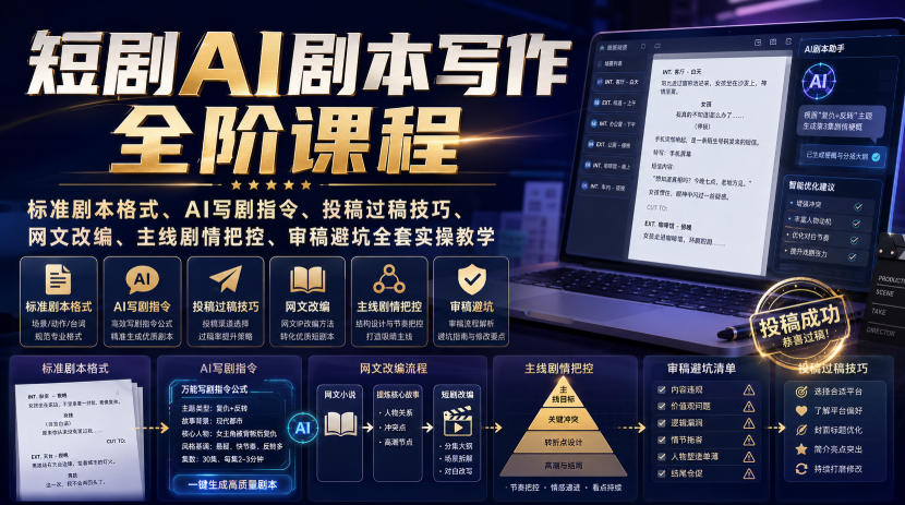 短剧AI剧本写作全阶课程｜标准剧本格式、AI写剧指令、投稿过稿技巧、网文改编、主线剧情把控、审稿避坑全套实操教学-九九网创