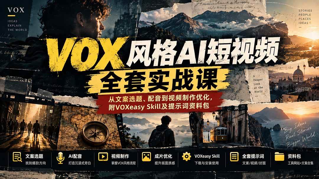 （20677期）【无水印】VOX风格AI短视频全套实战课：从文案选题、配音到视频制作优化，附VOXeasy Skill及提示词资料包-九九网创