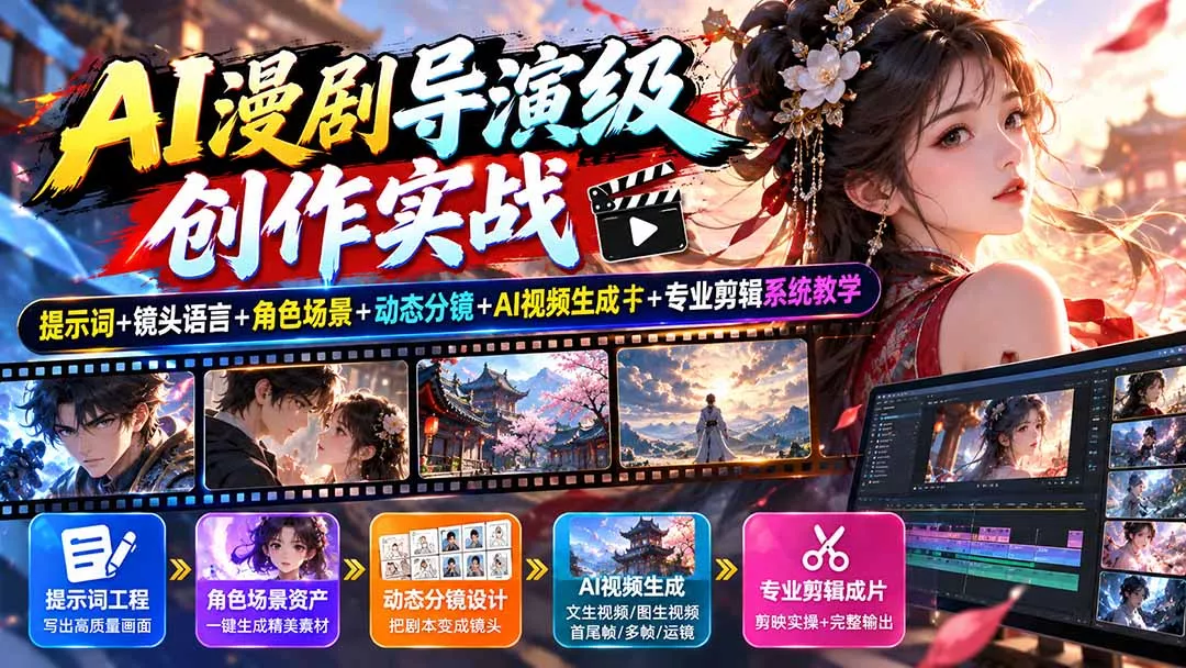 AI漫剧导演级创作实战:提示词+镜头语言+角色场景+动态分镜+AI视频生成+专业剪辑系统教学-九九网创