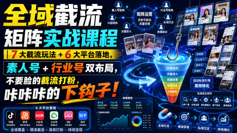 全域截流矩阵实战课程｜7大截流玩法+6大平台落地，素人号+行业号双布局，不要脸的截流打粉，咔咔咔的下钩子！-九九网创