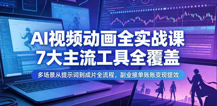 AI视频动画全实战课，7大主流工具全覆盖，多场景从提示词到成片全流程，副业接单账号变现提效-九九网创