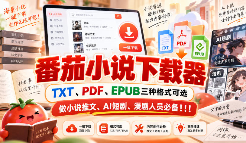 番茄小说下载器，TXT、PDF、EPUB三种格式可选，做小说推文、AI短剧、漫剧人员必备！！！-九九网创