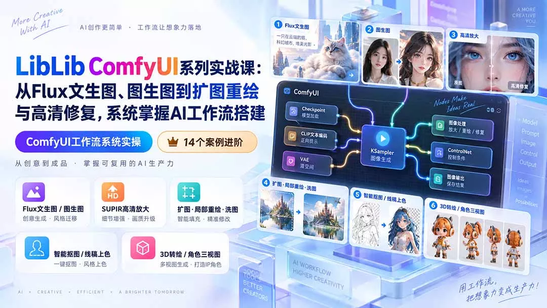 LibLib ComfyUI系列实战课：从Flux文生图、图生图到扩图重绘与高清修复，系统掌握AI工作流搭建-九九网创
