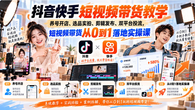 抖音快手短视频带货教学｜养号开店、选品实拍、剪辑发布、双平台投流，短视频带货从0到1落地实操课-九九网创