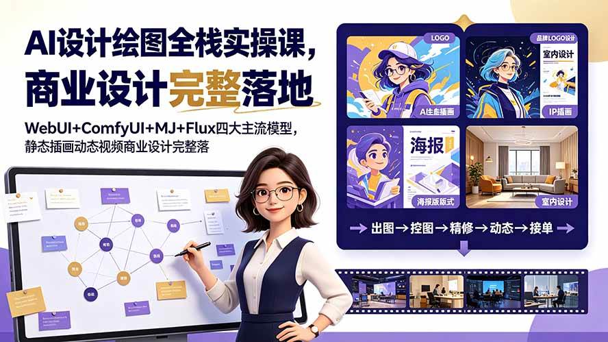 （19244期）AI设计绘图全栈实操课，WebUI+ComfyUI+MJ+Flux四大主流模型，静态插画动态视频商业设计完整落地教程-九九网创