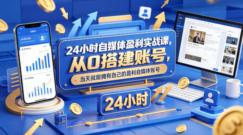 24小时自媒体盈利实战课，从0搭建账号，当天就能拥有自己的盈利自媒体账号-九九网创