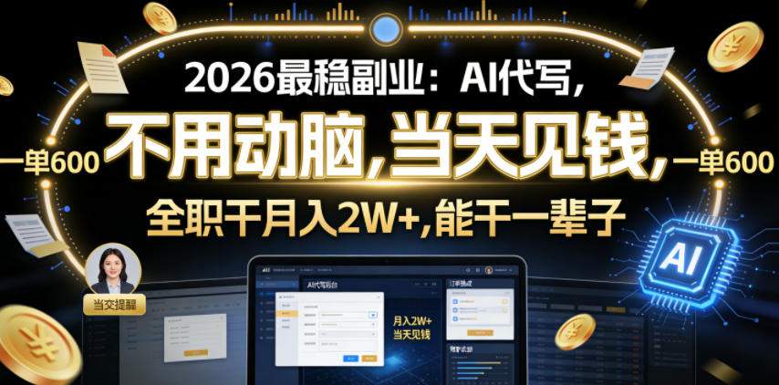 2026最稳副业：AI代写，不用动脑，当天见钱，一单600，全职干月入2W+，能干一辈子【揭秘】-九九网创