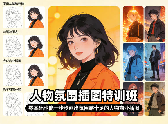 人物氛围插图特训班，零基础也能一步步画出氛围感十足的人物商业插图-九九网创