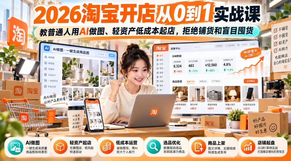2026淘宝开店从0到1实战课，教普通人用AI做图、轻资产低成本起店，拒绝铺货和盲目囤货-九九网创