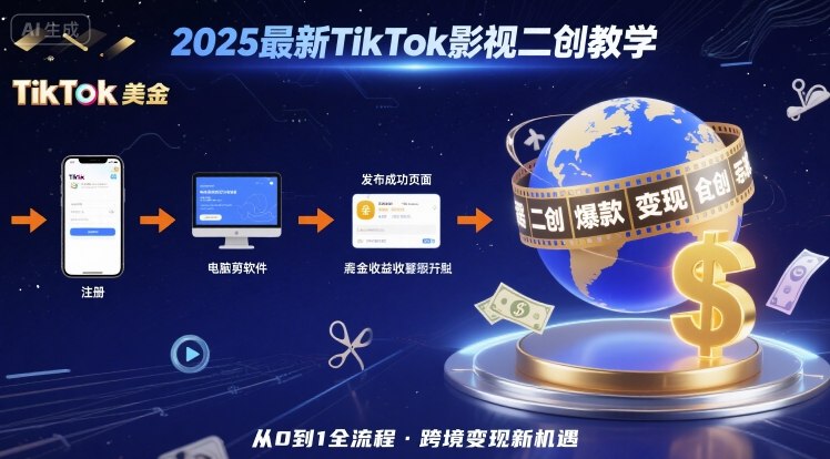 2025年最新TikTok影视二创教学，从注册到发布撸美金全流程，跨境变现新机遇-九九网创