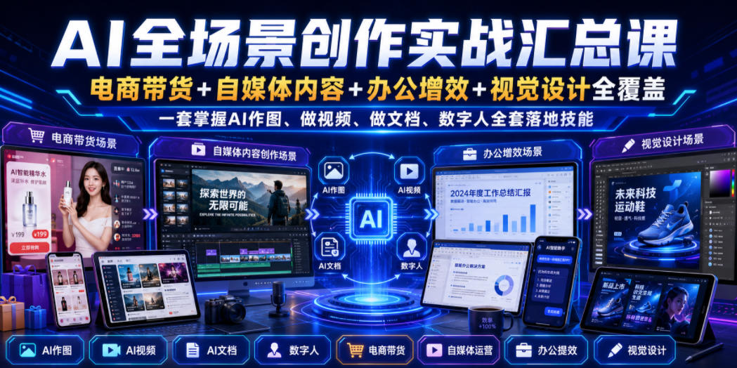 AI全场景创作实战汇总课｜电商带货+自媒体内容+办公增效+视觉设计全覆盖，一套掌握AI作图、做视频、做文档、数字人全套落地技能-九九网创
