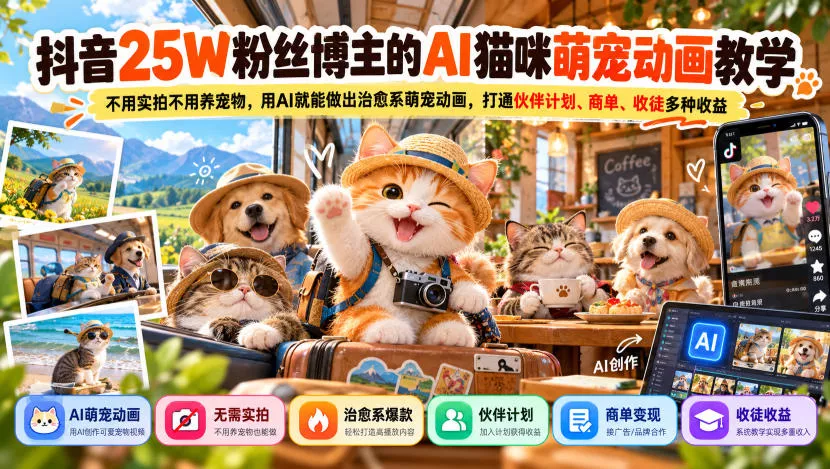 抖音25W粉丝博主的AI猫咪萌宠动画教学，不用实拍不用养宠物，用AI就能做出治愈系萌宠动画，打通伙伴计划、商单、收徒多种收益-九九网创