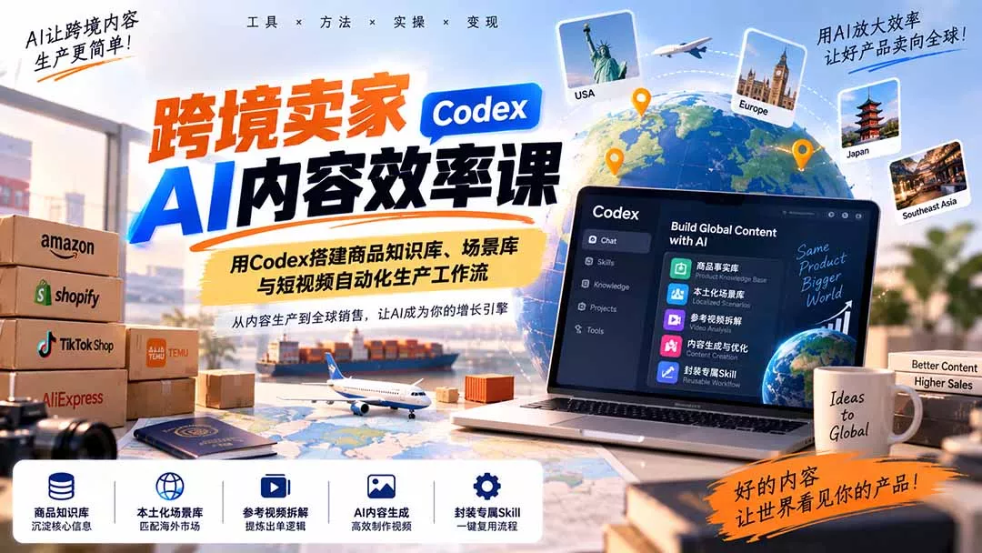 跨境卖家AI内容效率课：用Codex搭建商品知识库、场景库与短视频自动化生产工作流-九九网创
