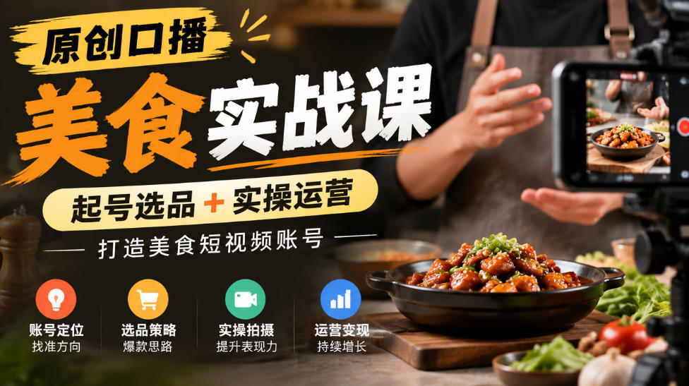 原创口播美食实战课，起号选品+实操运营，打造美食短视频账号-九九网创
