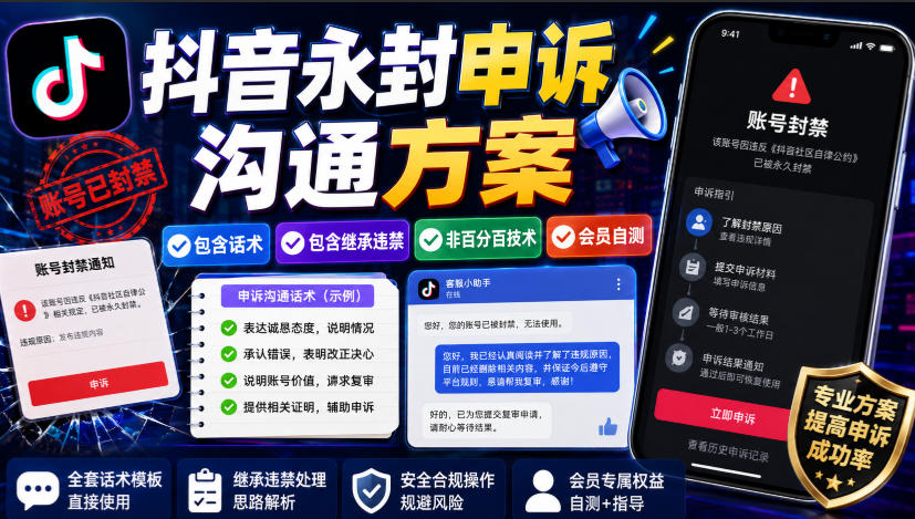 抖音永封申诉沟通方案，包含话术，包含继承违禁，非百分百技术，会员自测-九九网创
