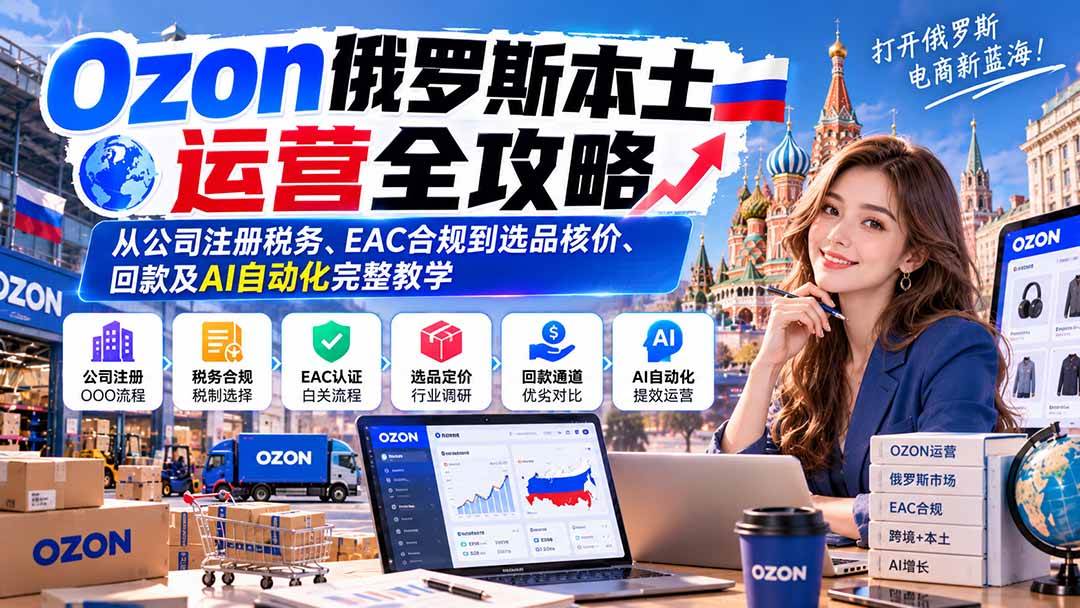 （20851期）Ozon俄罗斯本土运营全攻略：从公司注册税务、EAC合规到选品核价、回款及AI自动化完整教学-九九网创