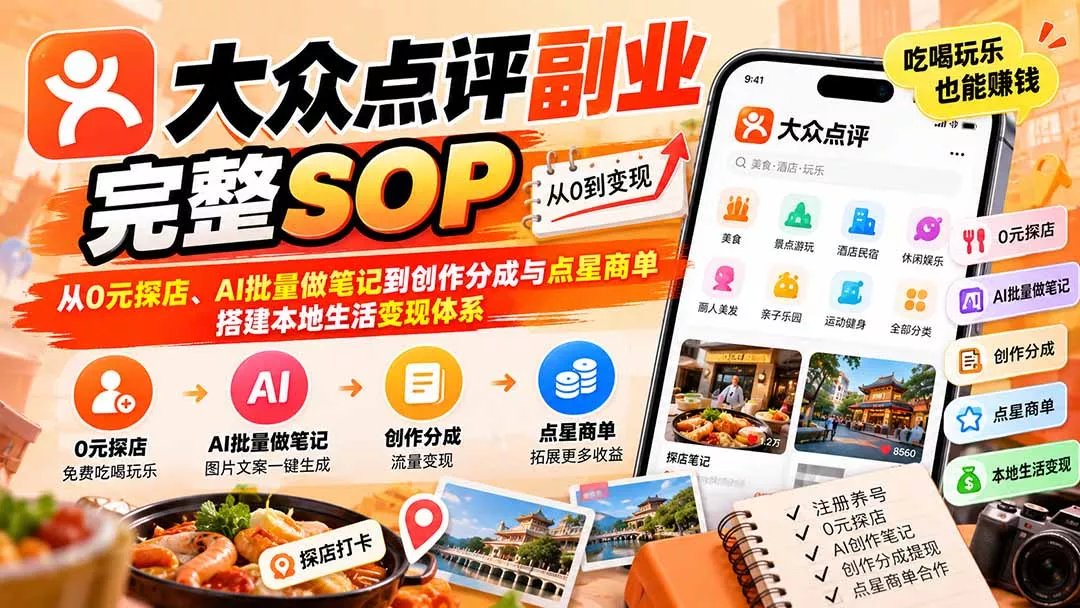 【无水印】大众点评副业完整SOP：从0元探店、AI批量做笔记到创作分成与点星商单，搭建本地生活变现体系-九九网创