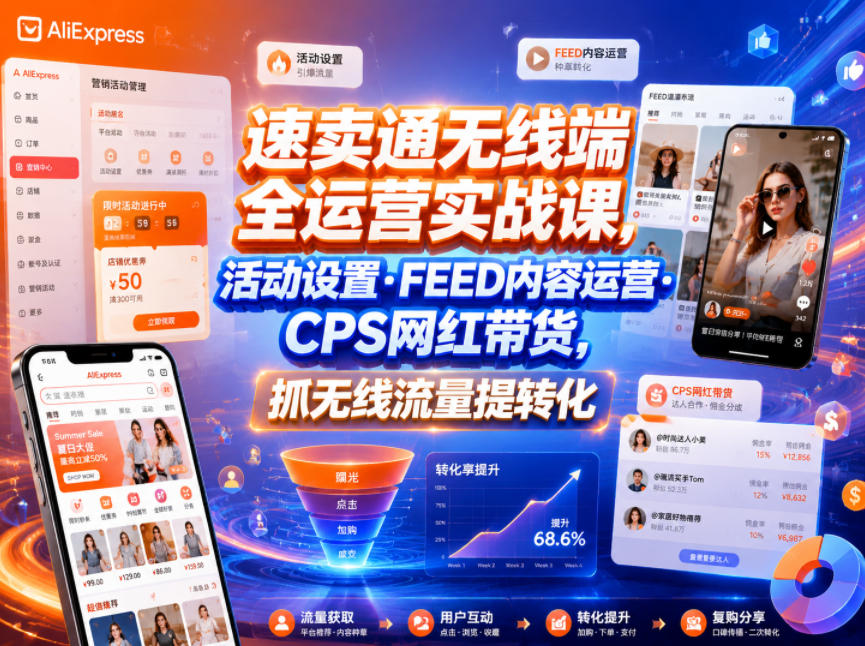 速卖通无线端全运营实战课,活动设置・FEED内容运营・CPS网红带货,抓无线流量提转化-九九网创