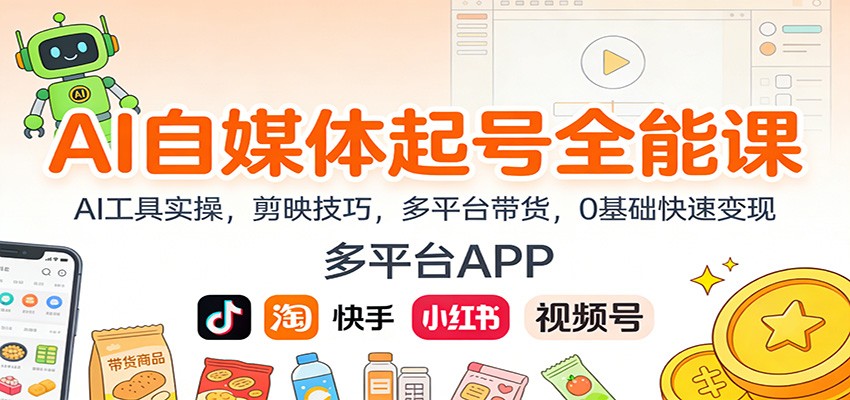 AI自媒体起号全能课：AI工具实操，剪映技巧，多平台带货，0基础快速变现-九九网创
