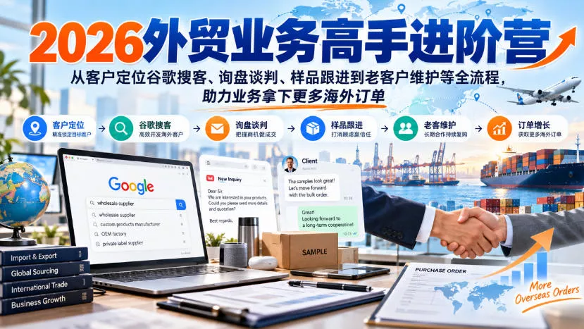 2026外贸业务高手进阶营，从客户定位谷歌搜客、询盘谈判、样品跟进到老客户维护等全流程，助力业务拿下更多海外订单-九九网创