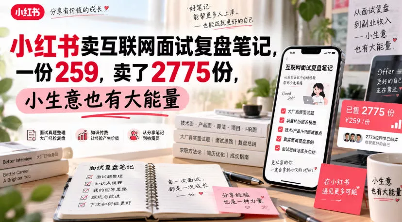 小红书卖互联网面试复盘笔记，一份259，卖了2775份，小生意也有大能量-九九网创